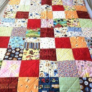 Handmade Baby Crib Quilt Blanket Playmat Multicolor Animals Farm Size 38" x 49"